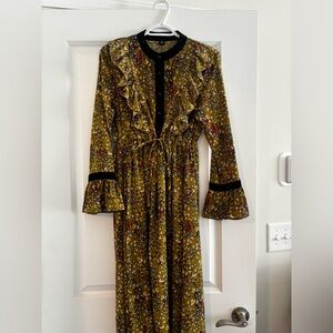 JAD Floral Dress Mustard Ruffle Long Sleeve Tie Waist Made in Korea